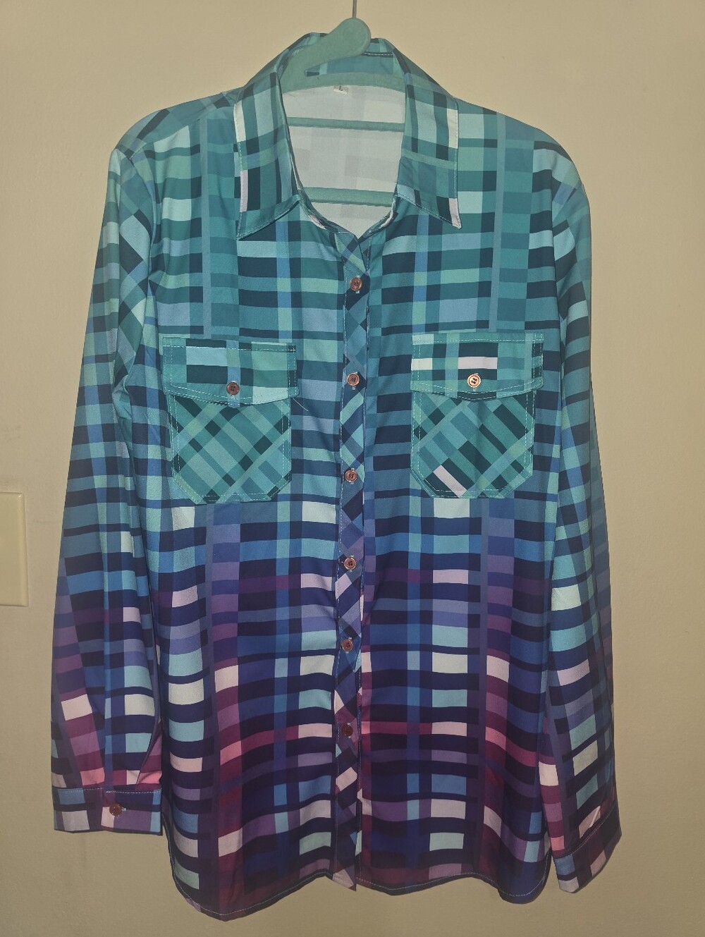 Women's Multicolor Plaid Pattern Button Up Long Sleeve Shirt Size L